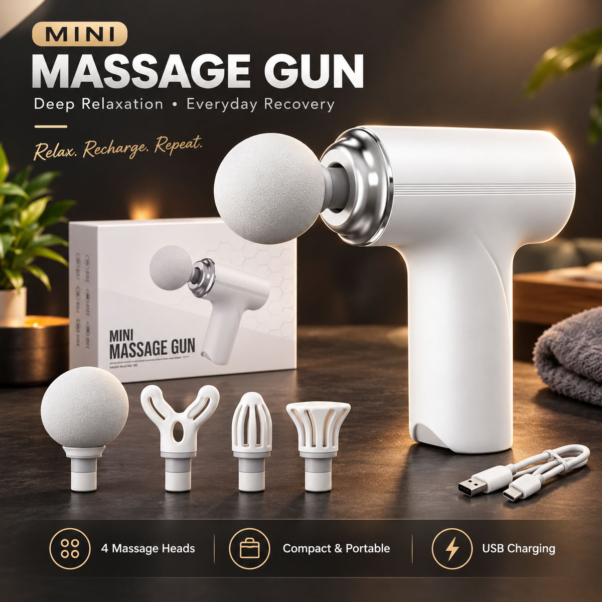 4-in-1 Rechargeable Massage Gun – Multi-Functional Deep Tissue Body Massager