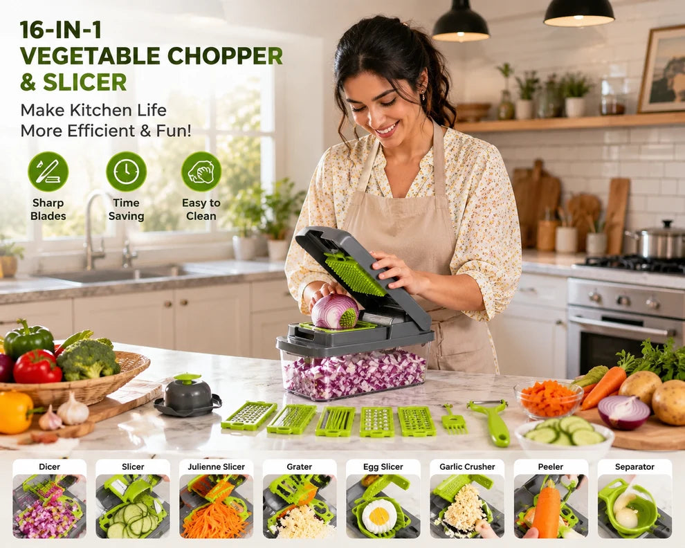 16-in-1 Multi-Functional Vegetable Chopper, Dicer & Slicer with Storage Container