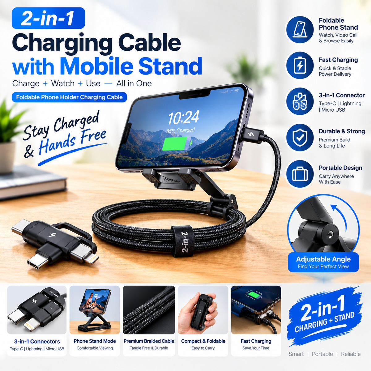 2-in-1 Charging Cable with Mobile Stand | Foldable Phone Holder Charging Cable
