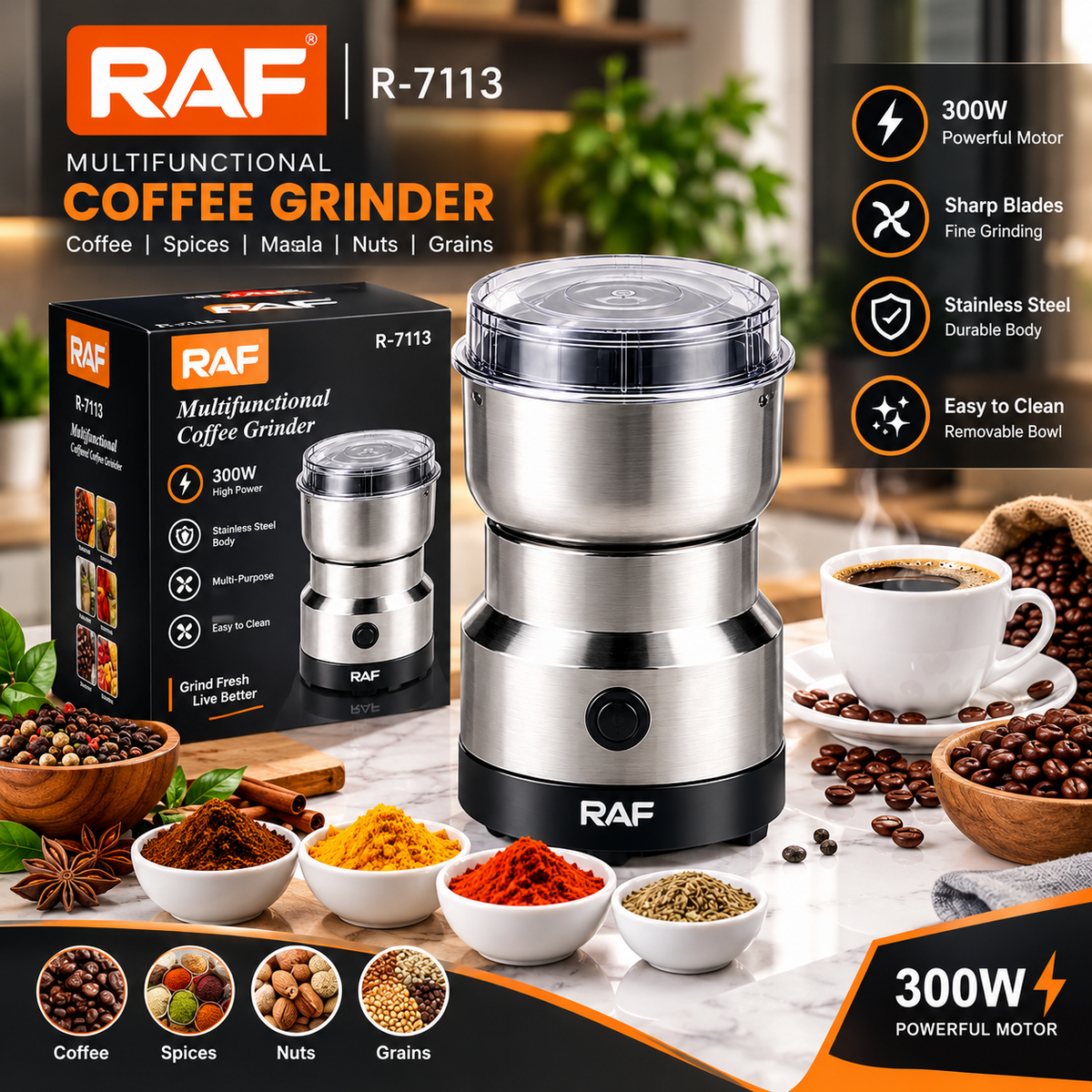 RAF R-7113 Electric Grinder 300W – Stainless Steel Coffee, Spice & Masala Grinder